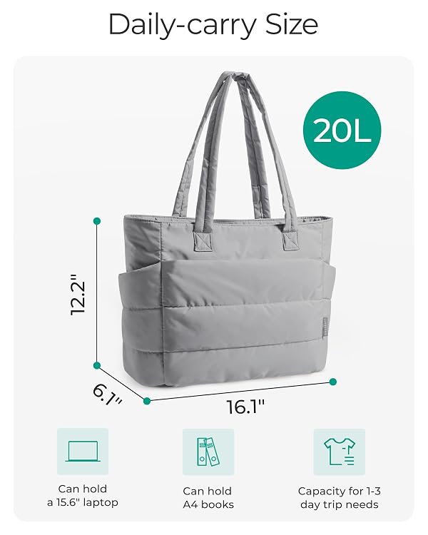 BAGSMART Tote Bag for Women, Lightweight Puffy Tote Bag with Compartments Shoulder Bag Handbag for Travel, Work, Gym (e-Standard SizeLight Gray, Standard Size) by BAGSMART - Used condition - Image 3