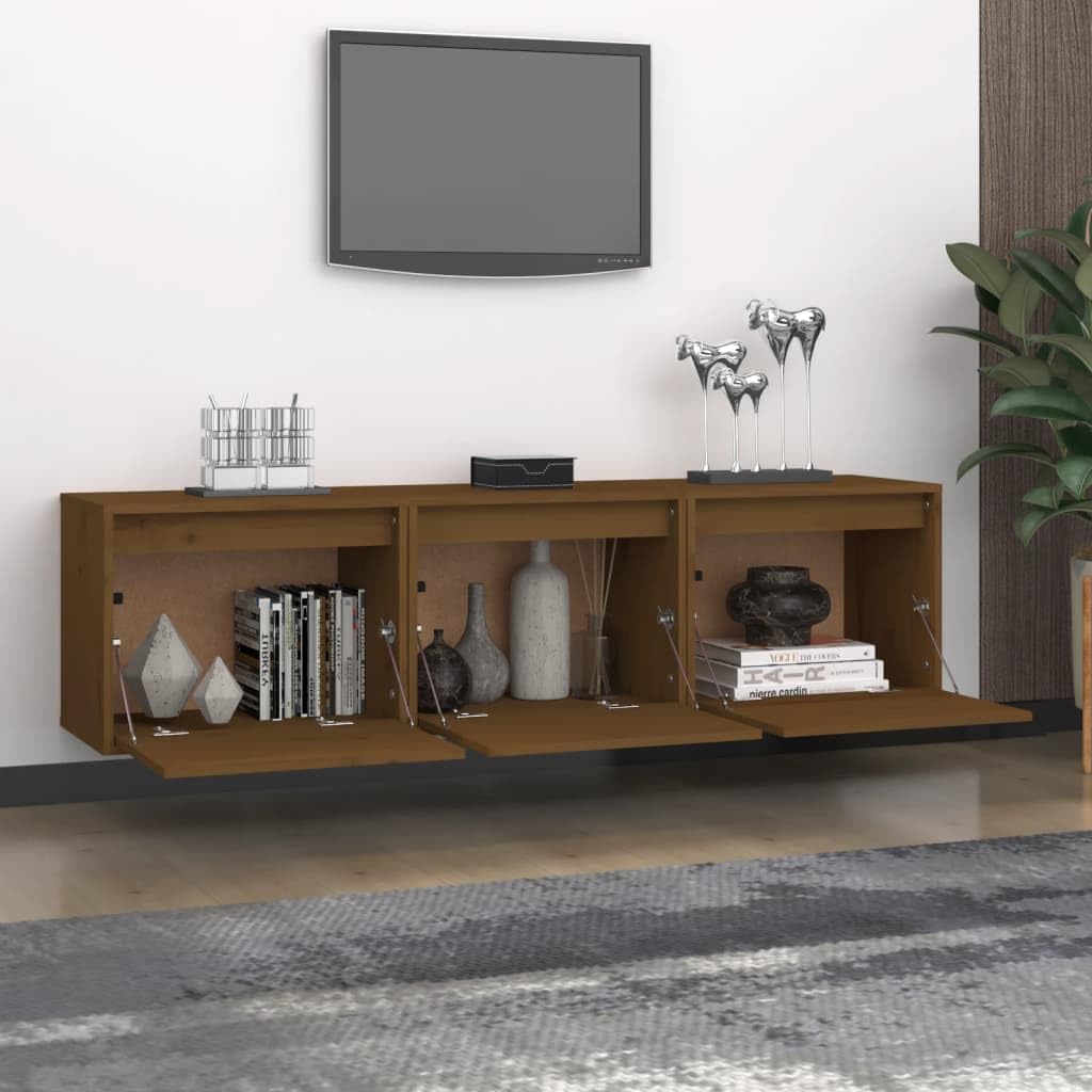 3-Piece Solid Pine Wood Floating TV Stand | Each honey brown wall-mounted unit measures 45x30x35 cm, providing space-saving storage for living room media centers.