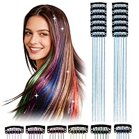 Vista 12 de 12 extensiones de cabello con clip, color champán, extensiones de cabello de oropel con clip, extensiones de cabello con purpurina para niñas