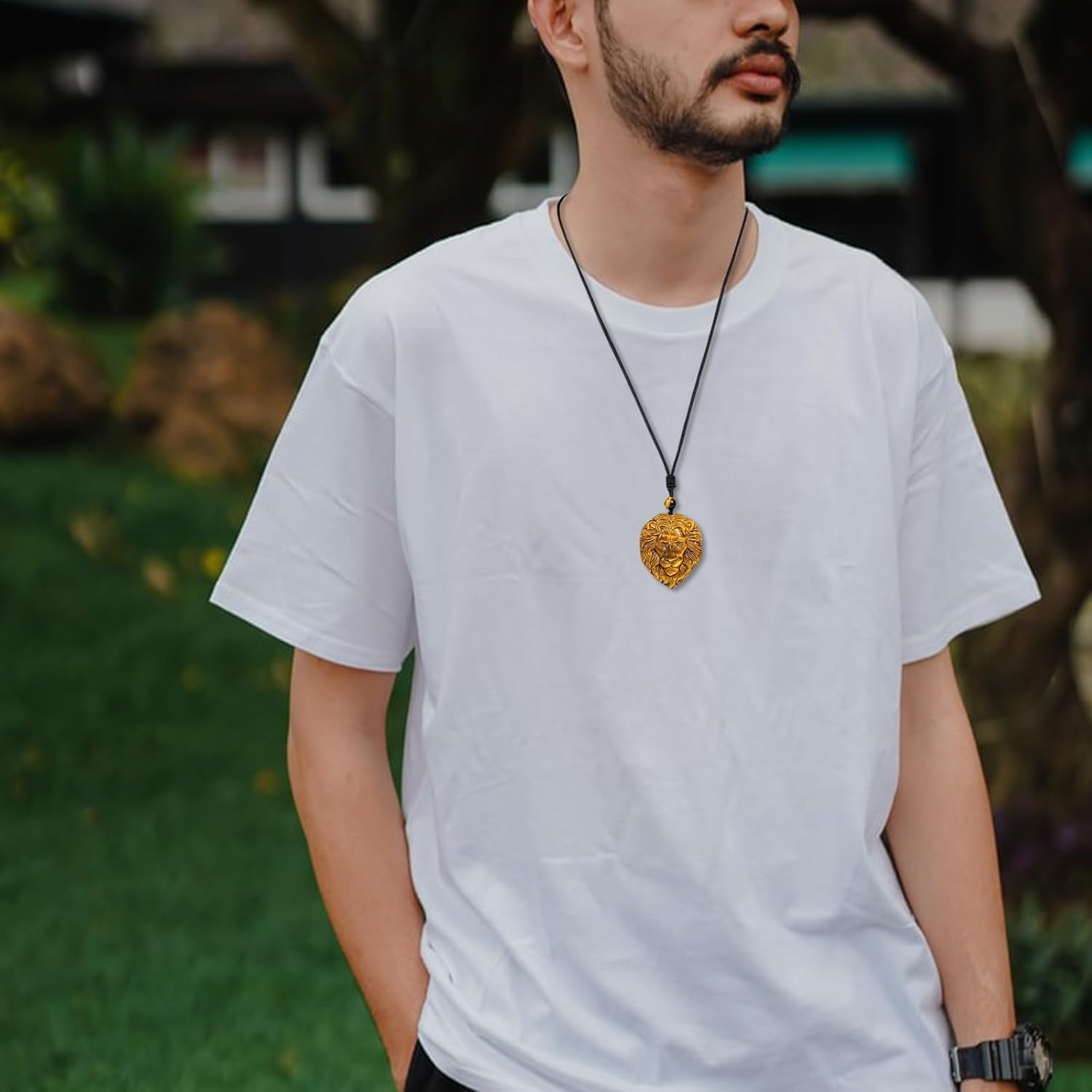 TUMBEELLUWA Lion Head Pendant Necklace for Men, Natural Crystal Protection Amulet Animal Charm Jewelry with Adjustable Cord, Tiger's Eye Stone