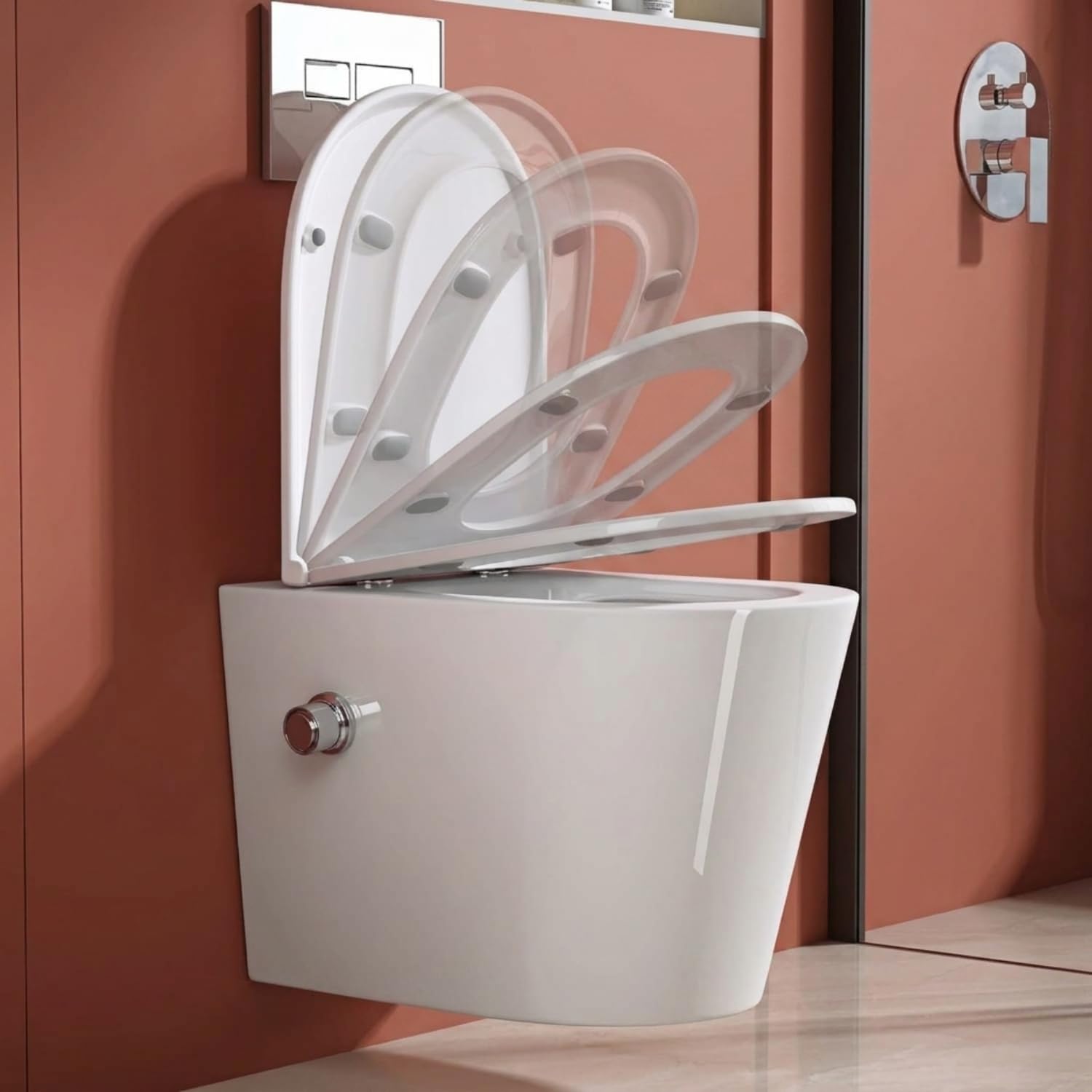WC Sospeso con Funzione Bidet Integrata (Acqua Calda & Fredda) – Catino da Toilette Rotondo con Abattente Ultra Sottile a Chiusura Rallentata, WC Giapponese Galleggiante in Ceramica (Bianco