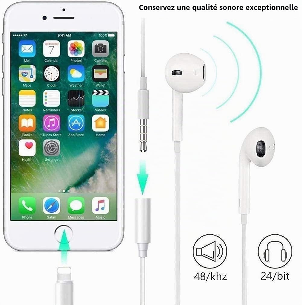 Adaptateur Lightning vers Jack 3,5 mm MFi pour iPhone 14/13/12/11/Xs/XR/X/8/7 - Lot de 2