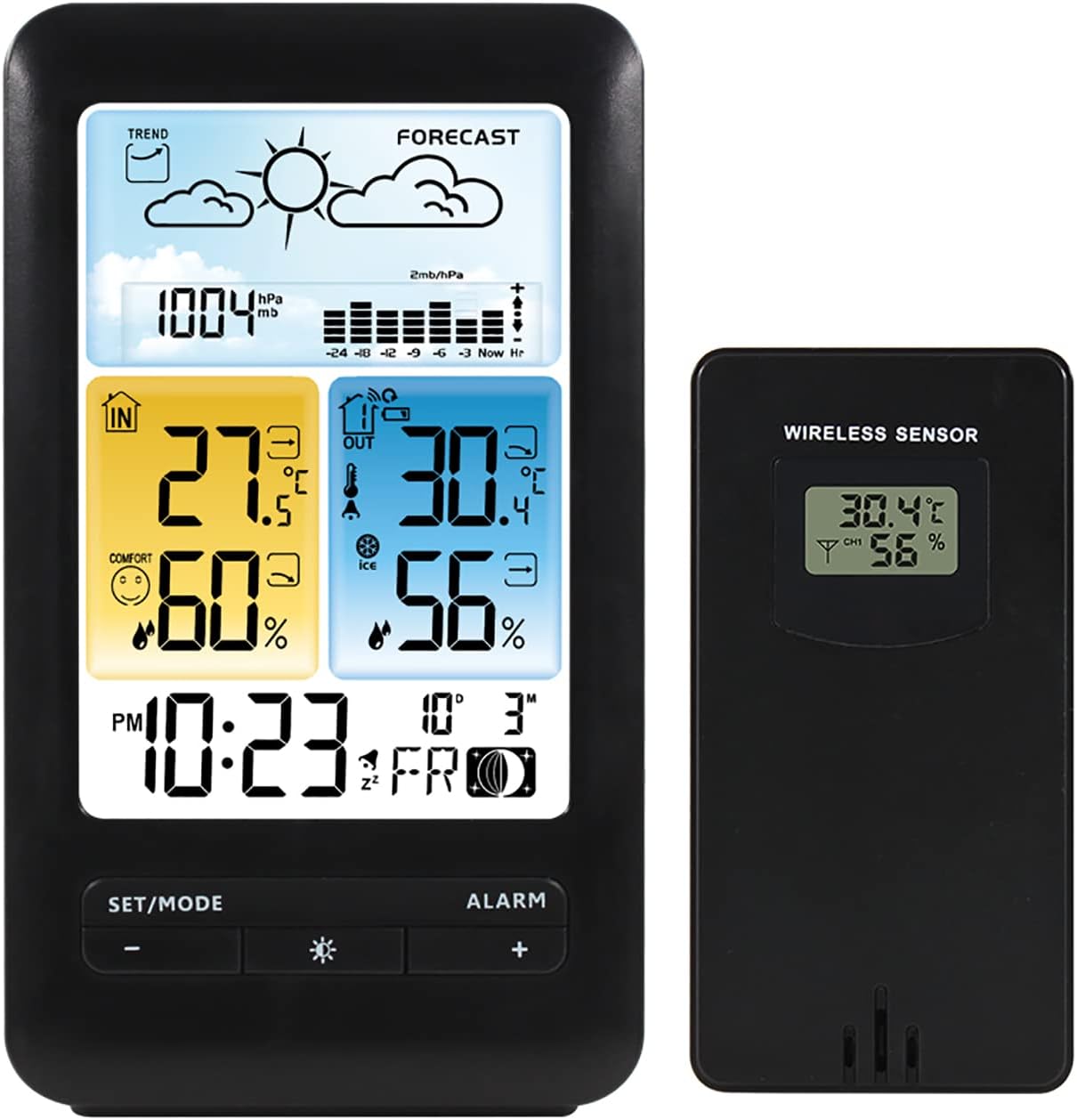 BOBVB Weather Station, Wireless Digital Alarm Clock with Color LCD Screen, Indoor Outdoor Temperature Thermometer, Colour Display and USB Charging Port, Weather Forecast for Home