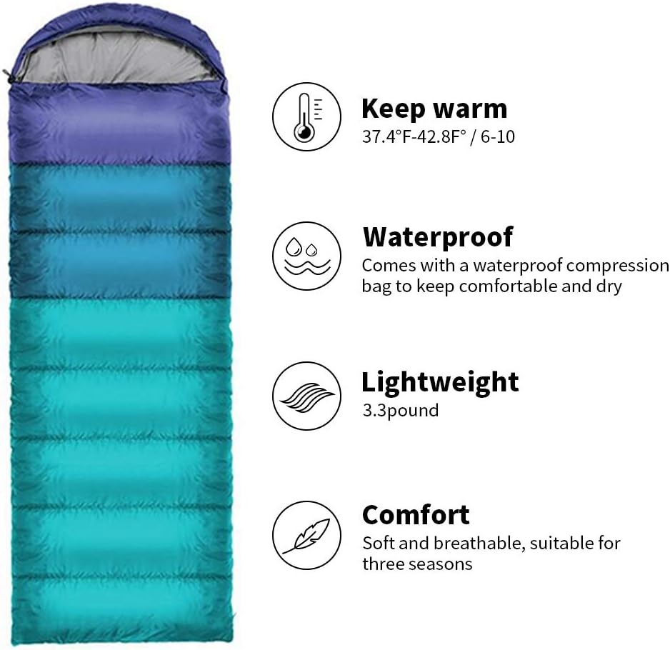 Sleeping Bag, ieGeek Lightweight Envelope Sleeping Bags with Compression Sack Portable Waterproof for 3 Season Travel Camping Hiking Backpacking Outdoor Activities,Ultra-Large for Kid/Adults