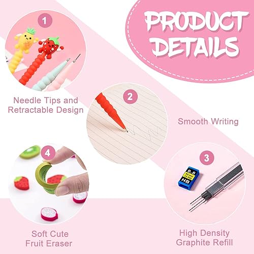 Miniatura 3 de Juego de 24 lápices mecánicos, lápices mecánicos pastel de 0.020 in con borradores de frutas y recambios de lápices, lápices mecánicos coloridos