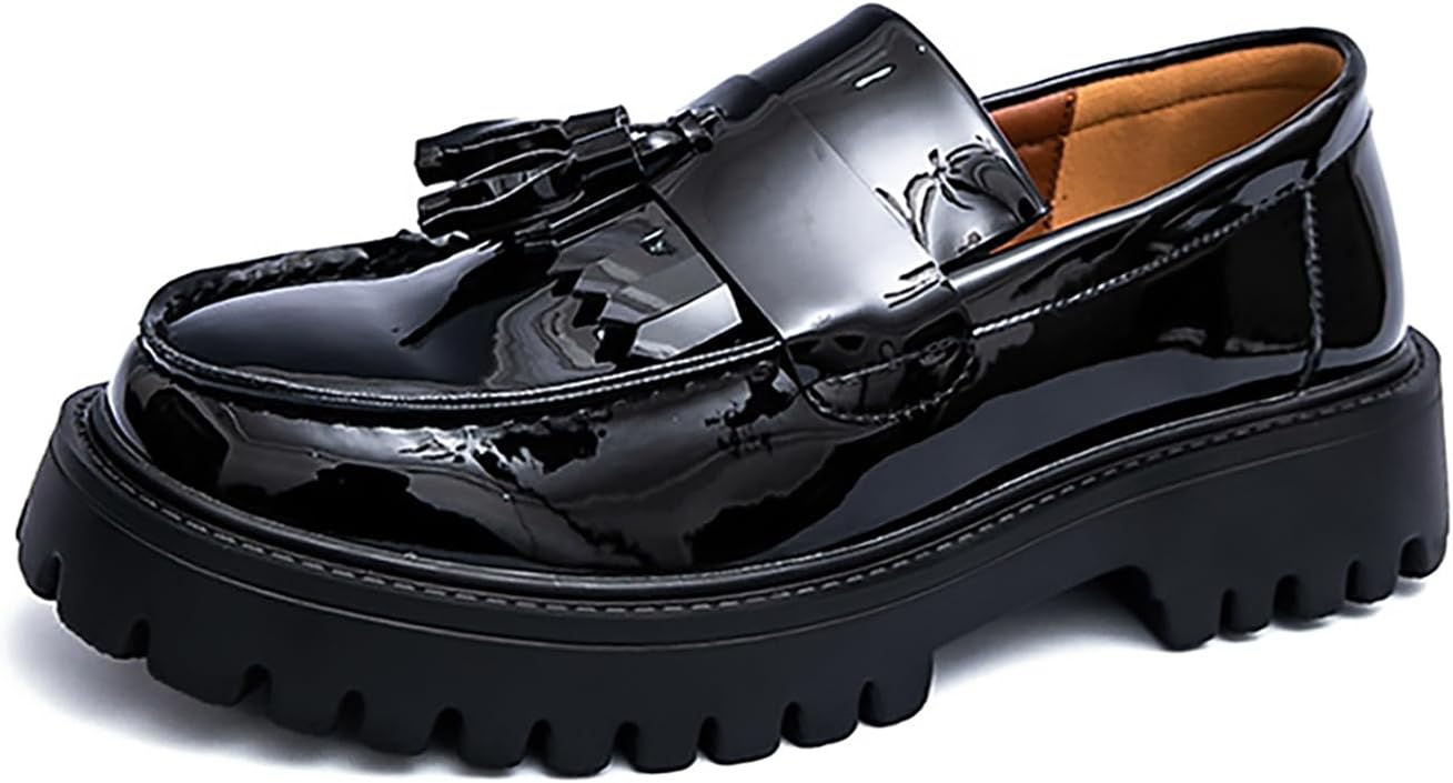 Men's Handmade Patent Leather Tassel Loafers Lug Sole Non-Slip Comfortable Wide Toe Platform Dress Leather Shoes for Business Formal Party Casual Office Work