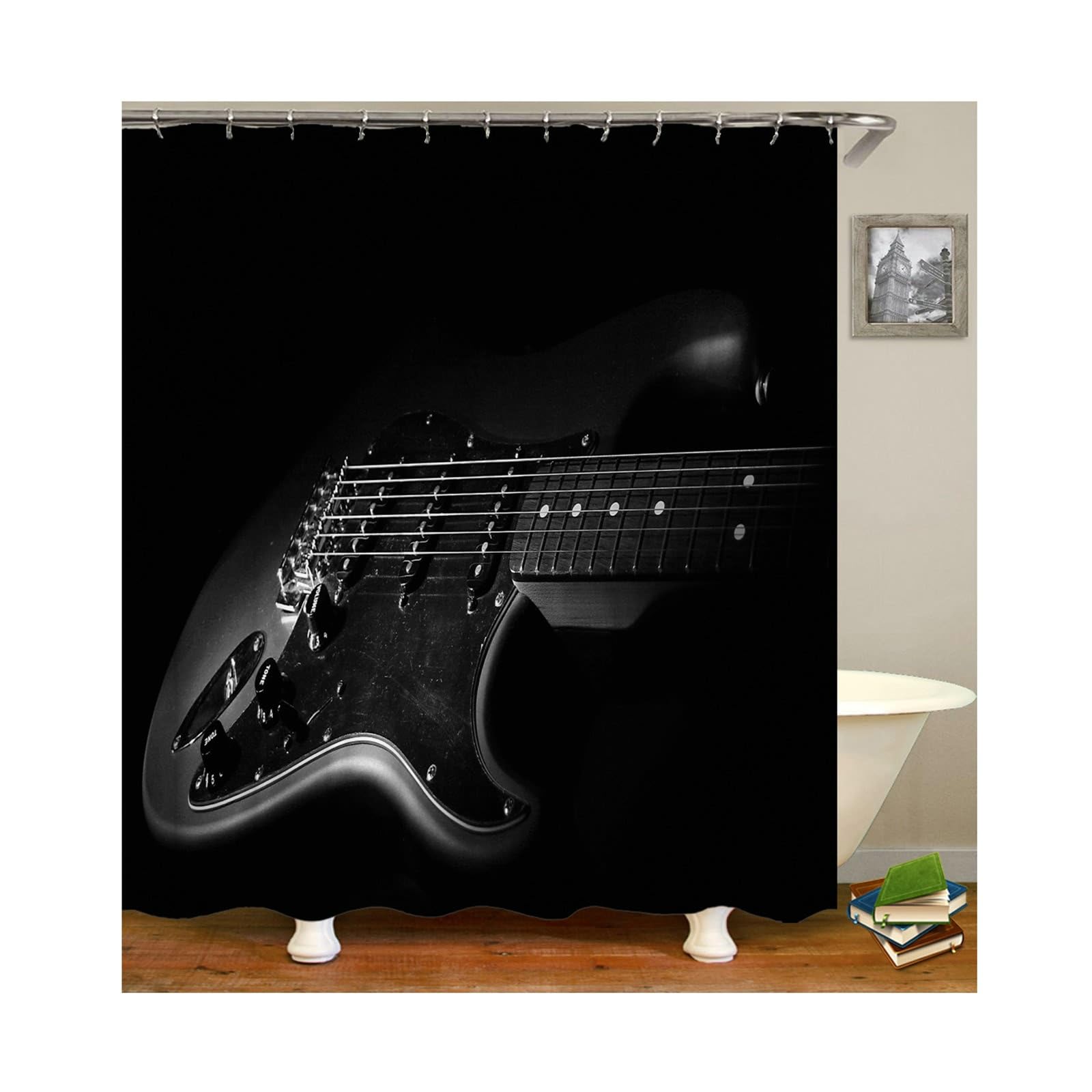 Rideau de douche haut de gamme en textile noir motif guitare 165 x 180