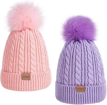Alepo Kids Winter Beanie Hat, Childrens Warm Fleece Lined Knit Thick Ski Cap with Pom Pom for Boys Girls