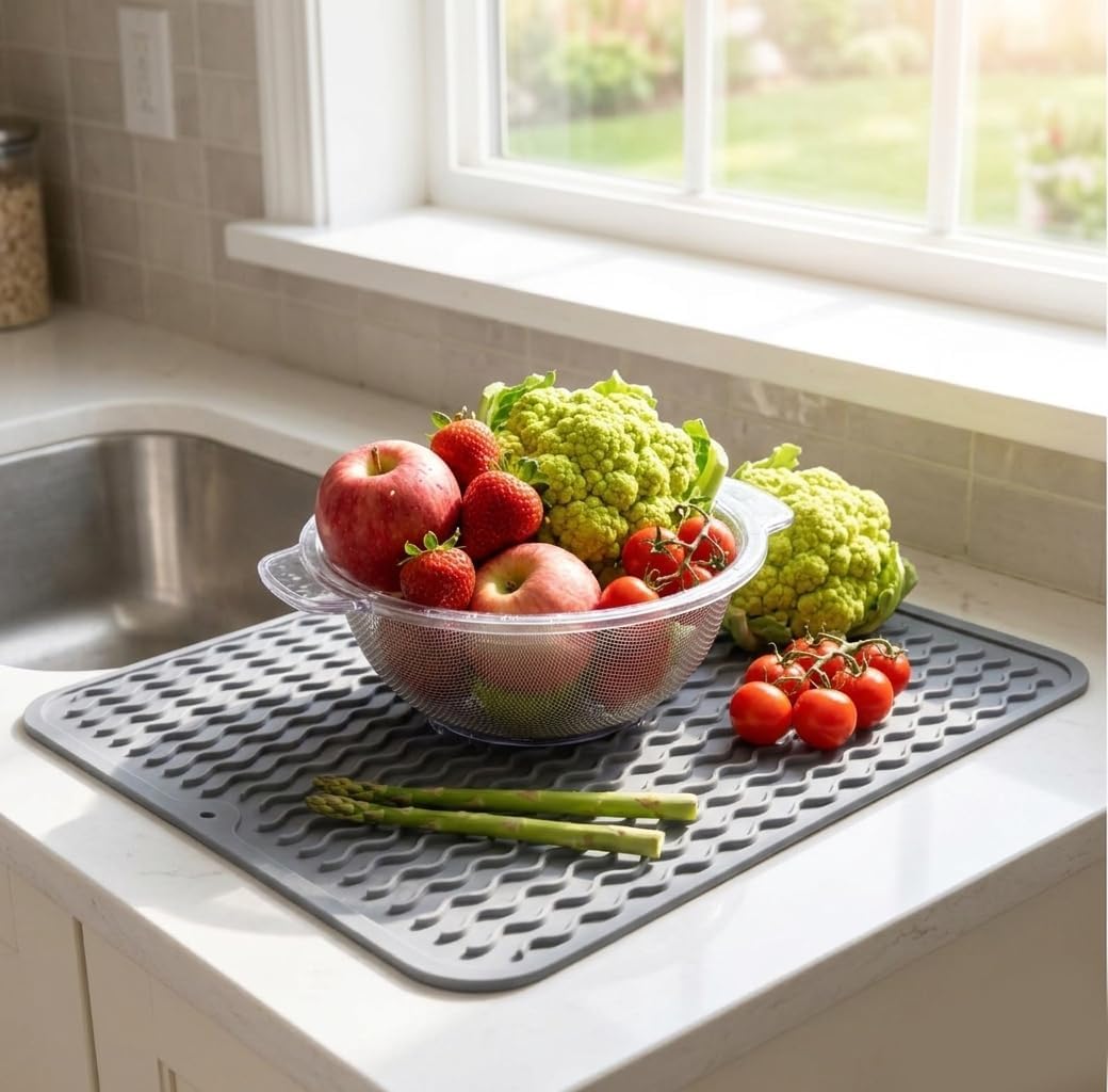 Silicone Dish Drying Mat – Rapid-Drying Wavy Channel Pad, Foldable Heat-Resistant Trivet, Non-Slip Countertop Protector for Kitchen | BPA-Free, Dishwasher Safe(light grey-11.8"*15.7")
