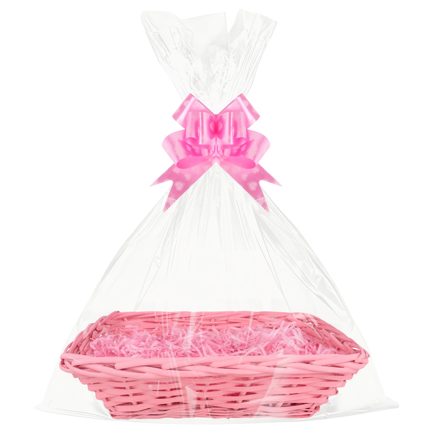 Lotvic Wicker Gift Basket, Hamper Kit, Empty Wicker Hamper Basket with Cellophane Bags, Pull Bows and Shredded Tissue Paper, Wicker Gift Baskets for Baby Shower, Wedding, Birthday, Christmas (Pink)