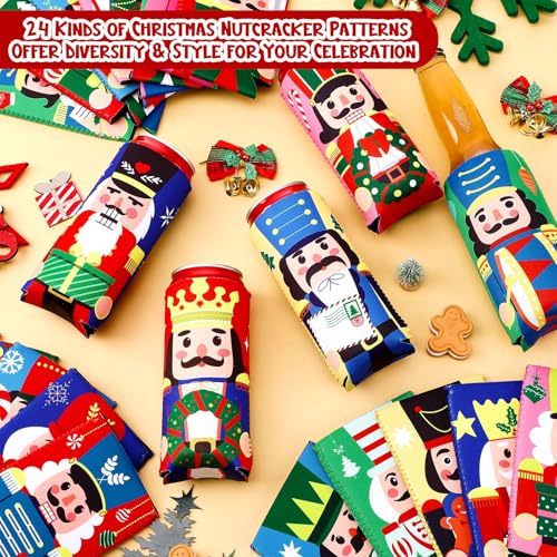 Potchen 24 Pcs Christmas Can Coolers Sleeves 12 oz Nutcracker Can Cooler Sleeves Neoprene Slim Beer Long Nutcracker Bottle Insulator for Xmas Party Favors Gifts Decoration Supplies - Thumbnail 4