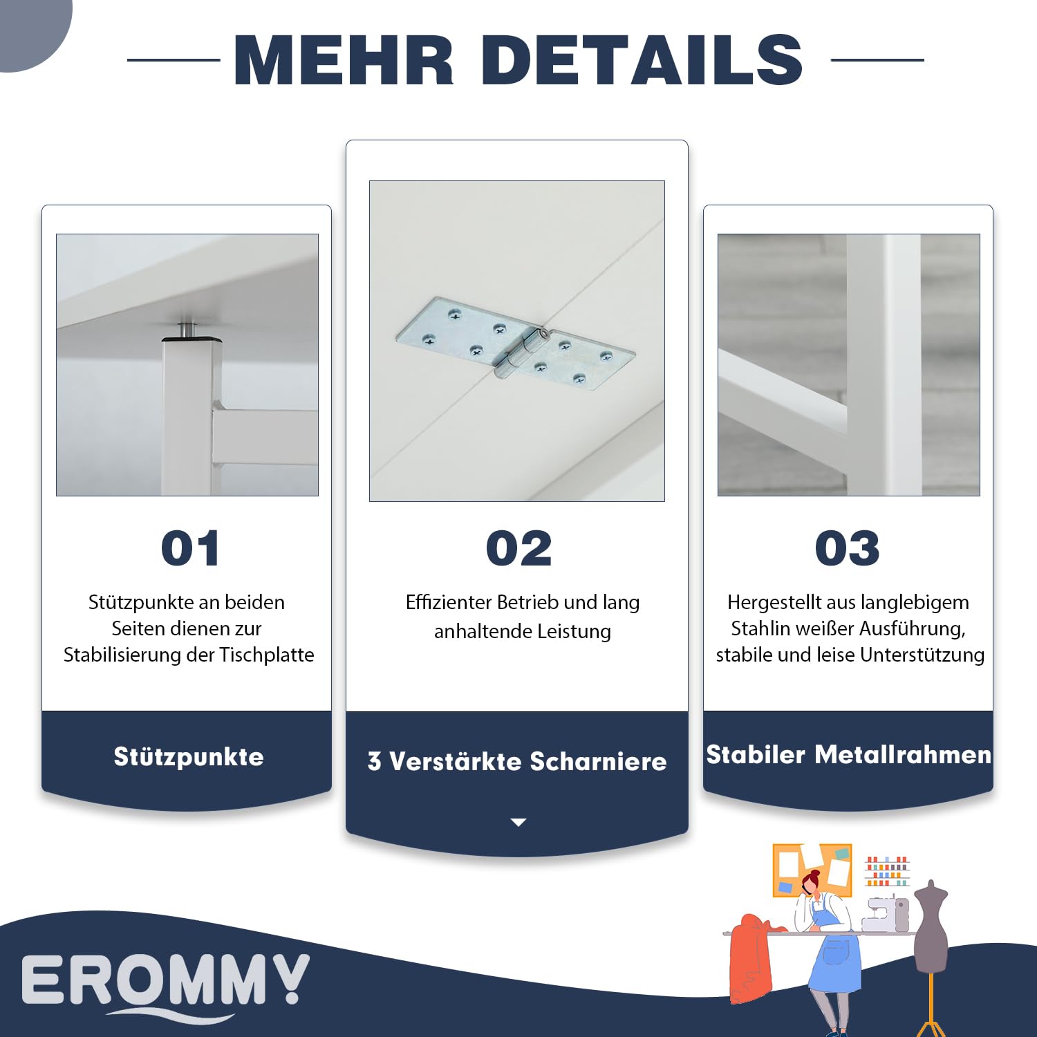 EROMMY Nähtisch Klappbar,Verstellbare Höhe,Holz Klapptisch mit Rädern und Stauraum,Mobiler Zuschneidetisch für große Stoffe,für Nähzimmer Arbeitszimmer Schlafzimmer zu Hause,Weiß
