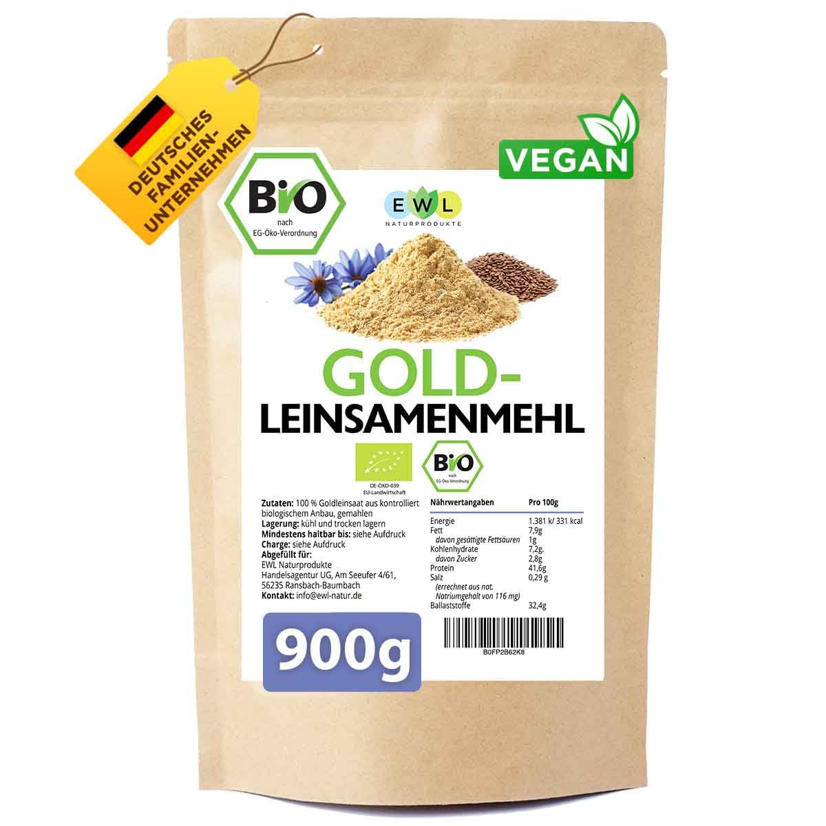 EWL Naturprodukte BIO Goldleinsamenmehl 900 g, 100% Goldleinsaat aus kontrolliert biologischem Anbau, Goldleinsamenmehl vegan