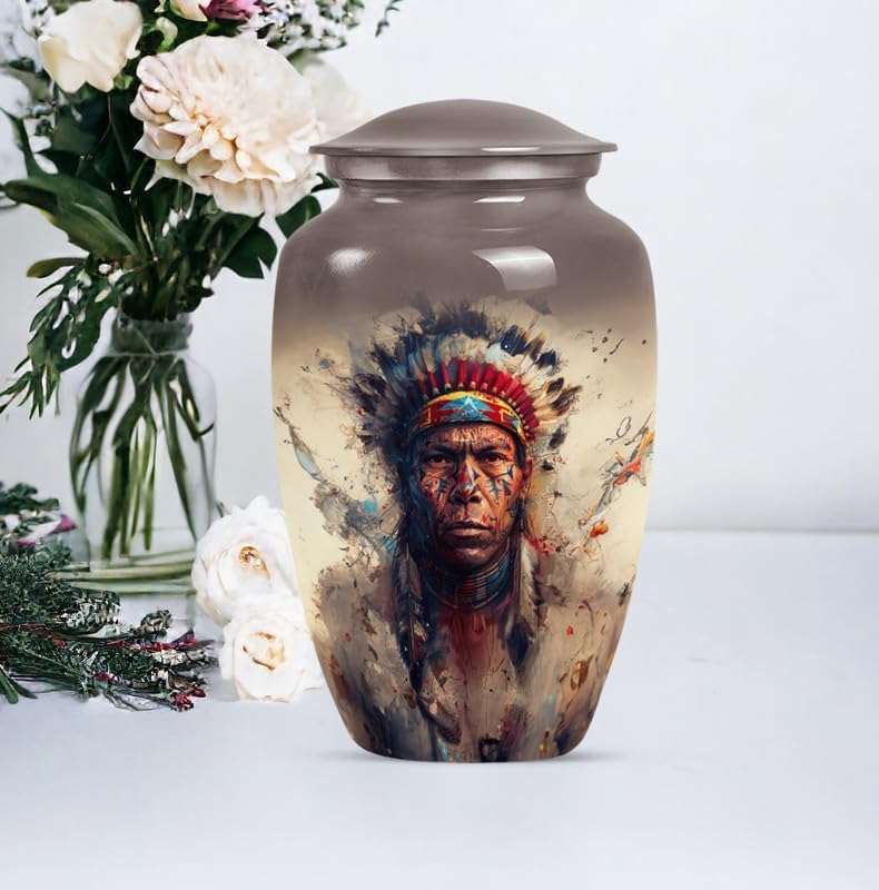 Native American Funeral Decorative Urns, Memorial for Human Remains Mom & Dad, Large with Velvet Bag, Cremation Urn for Adult Men & Women, Urn for Ashes Adult Male & Female, Gray