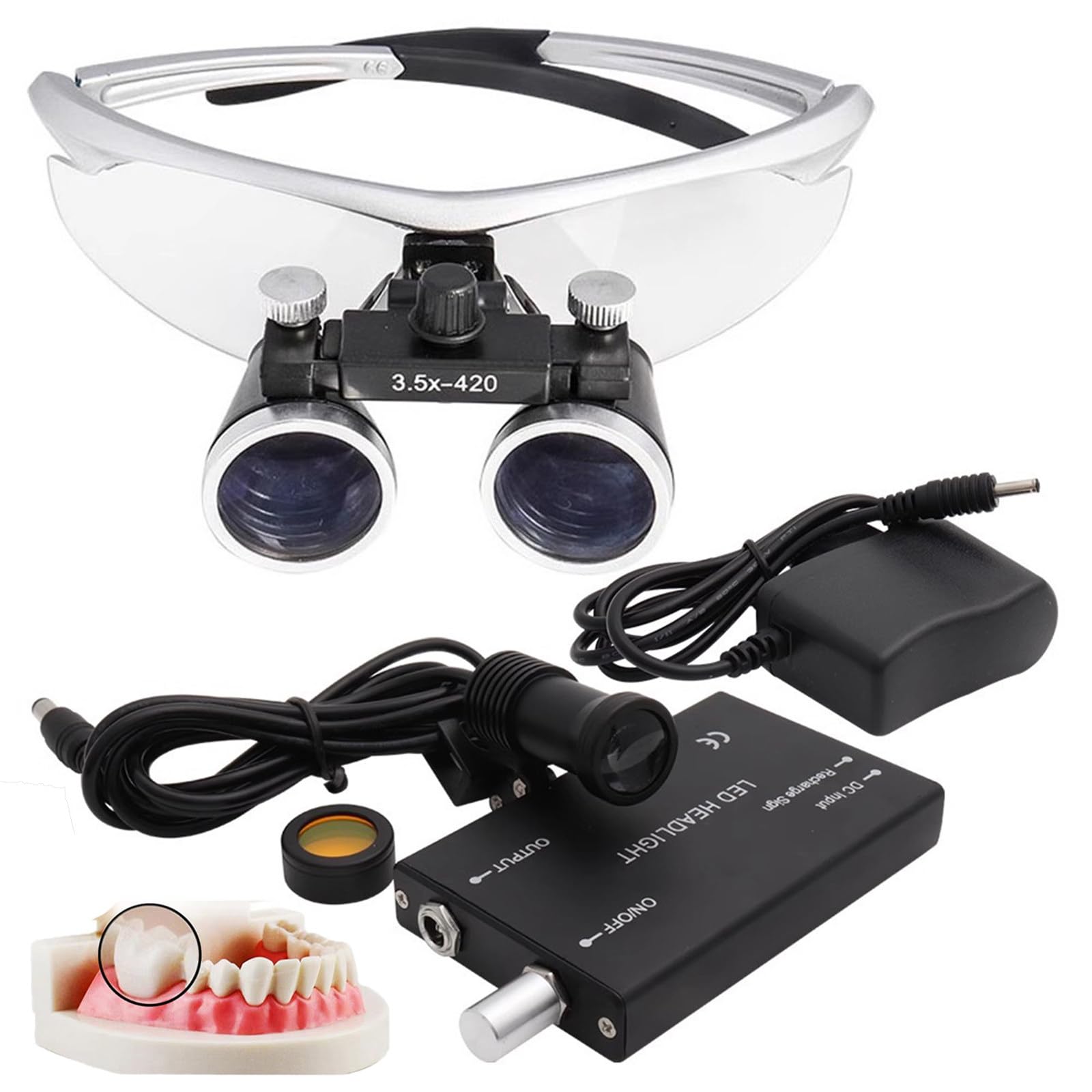 Surgical Binocular Loupes, 2.5X / 3.5X Magnification Working Distance 420mm Safety Goggle, Ultra-lightweight Dental Surgical Loupe Lab Equipment, With Wireless 5W Headlamp & Filter Silver-3.5X