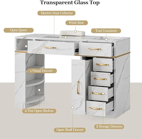 Miniatura 9 de Paddie Mesa de manicura con colector de polvo, estación de escritorio de uñas con 7 cajones de almacenamiento y estantes abiertos de 3 niveles