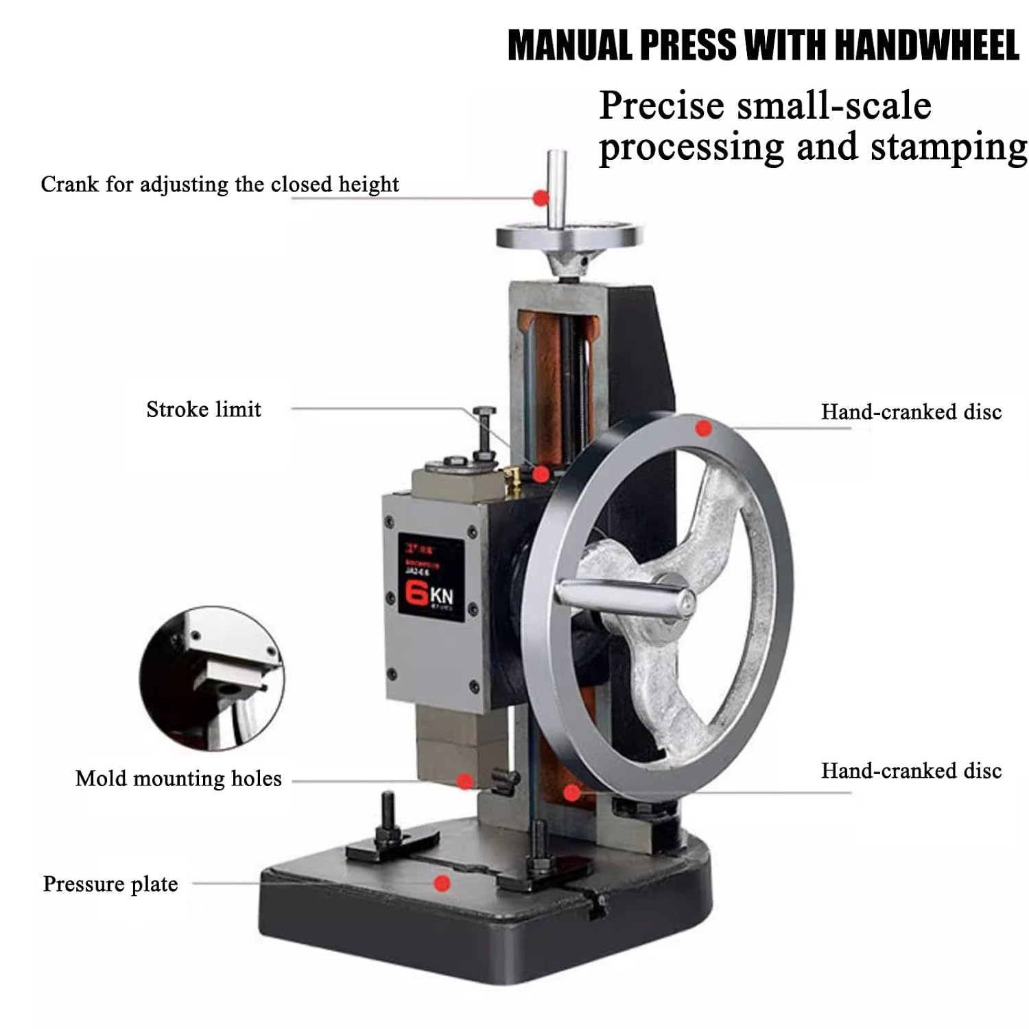 Manual Punch Press Tool,Adjustable Benchtop Punch with Handwheel,Suitable for Reaming, Punching, Riveting, Stamping, Cutting, and More(1ton 3.5" Max. Working Height)