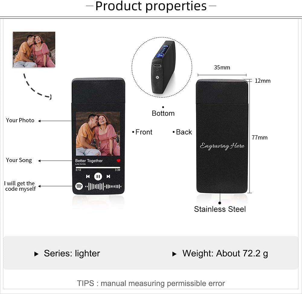 Fortheday Personalized Electric Lighter for Men Customized Engraved Lighter with USB Rechargeable Lighters for Father's Day Christmas Valentine's Gifts (Photo, Blue-Type2) (Black-spotify Code)