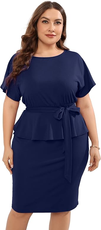 KOJOOIN النساء بالإضافة إلى حجم Bodecon أنيقة ميدي فستان Peplum الأعمال مكتب غمد قلم رصاص كوكتيل حزب اللباس مع حزام