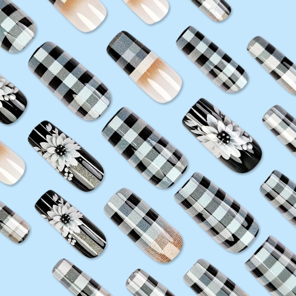 24 Pcs Mediums Square False Nails White Flowers Artificial Nails Checkerboard Stick On Nails French Tip