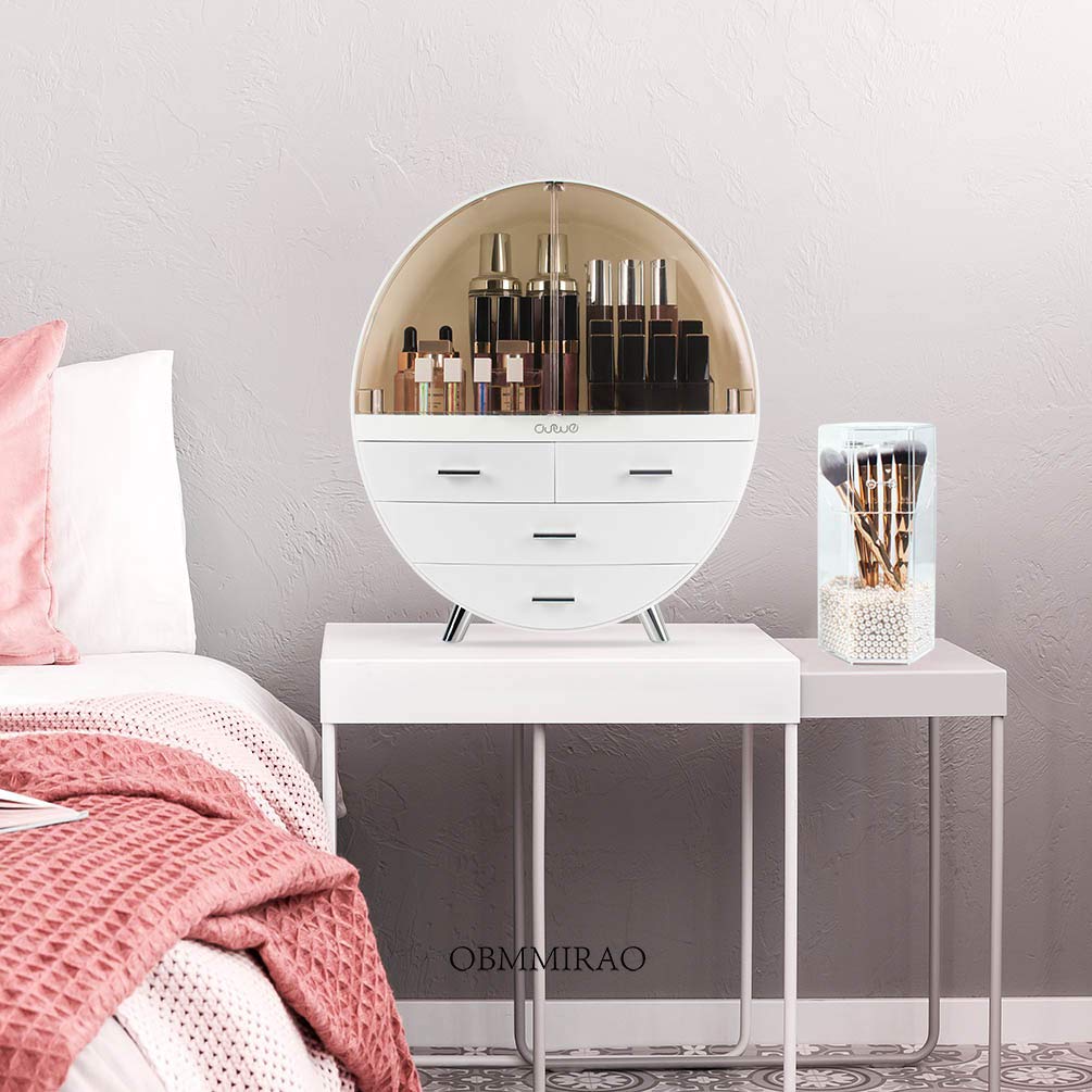 OBMMIRAO Elegant Dustproof Makeup Storage Organizer Box, Waterproof Large Cosmetics Organizer Storage with Drawers Skincare Cosmetic Display Cases for Countertop Bathroom Dresser Dedroom