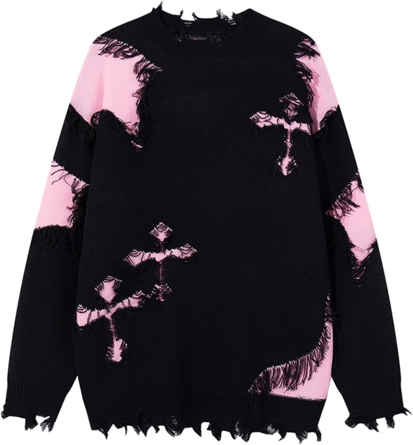 Men Street Ripped Knitted Pullover Outdoor Color Block Stripe Holes Sweater Fashion Handsome Loose Knitted Shirt