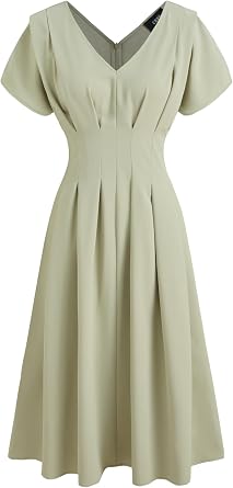 CIDER Midi Dress A Line V Neck High Waist Pleated Elegant Short Sleeve Casual Dresses for Women Flowy Party