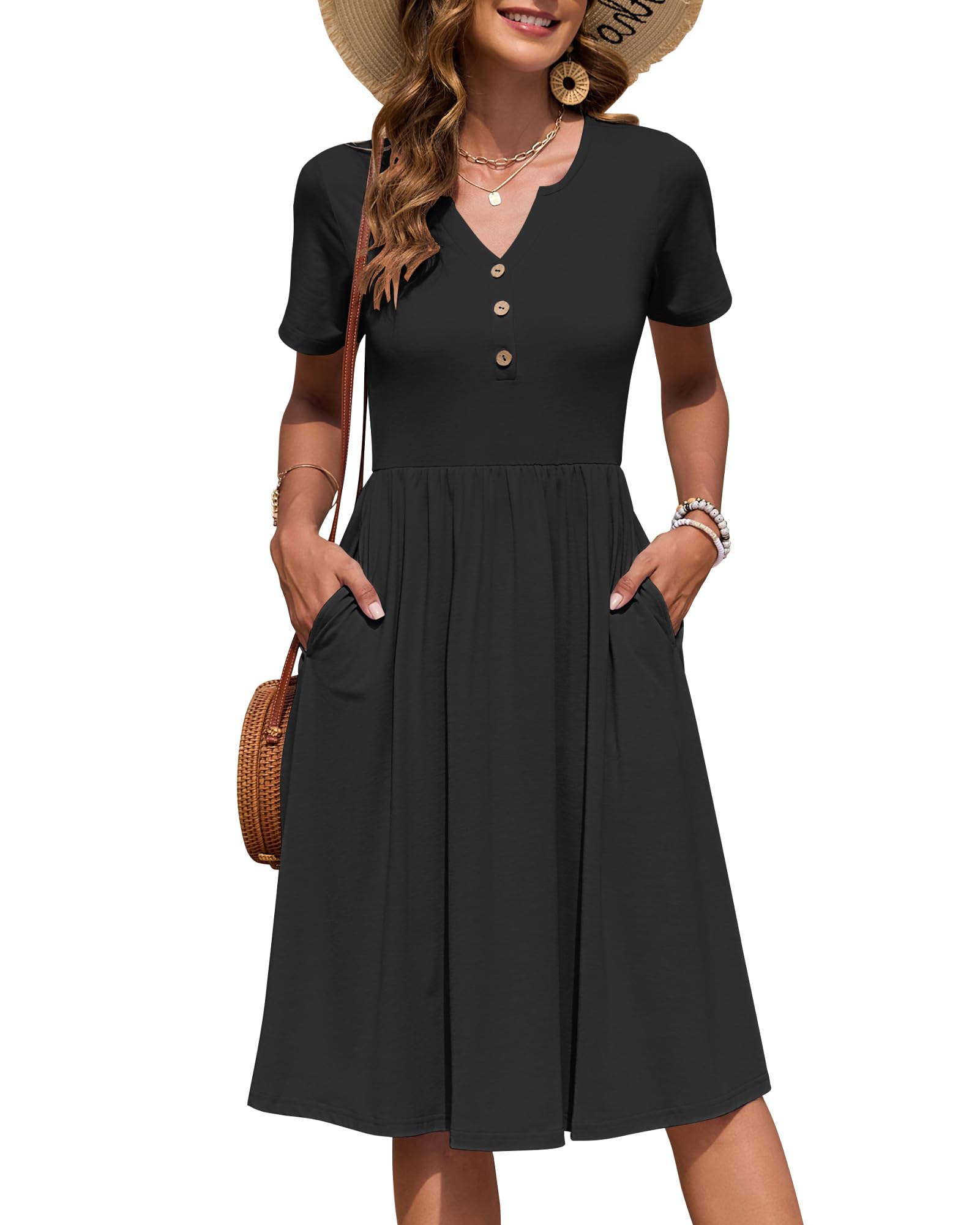 Auselily Women's Black Summer Short Sleeve Midi Dresses V Neck Empire Button Knee Length Dress With Pockets Xxl