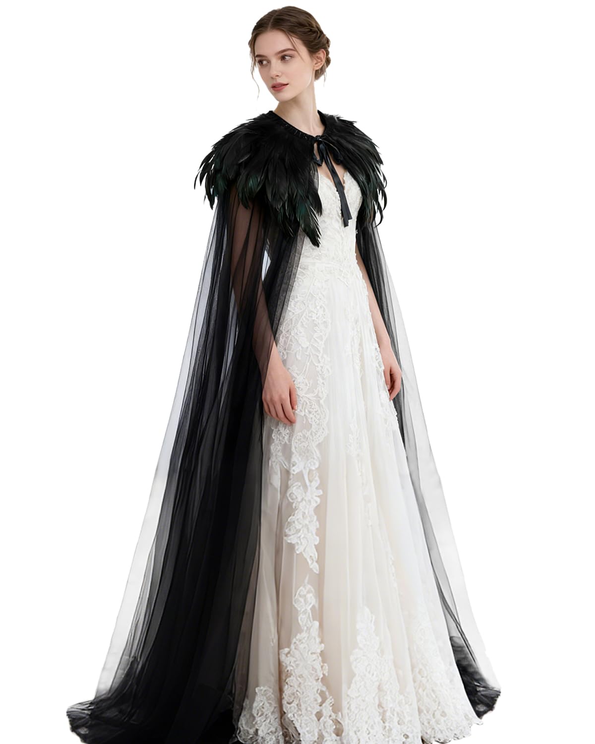 keland Czarna tiulowa peleryna długa z kołnierzem sprężynowym Pióro Cape Halloween Maleficent akcesoria (czarna)