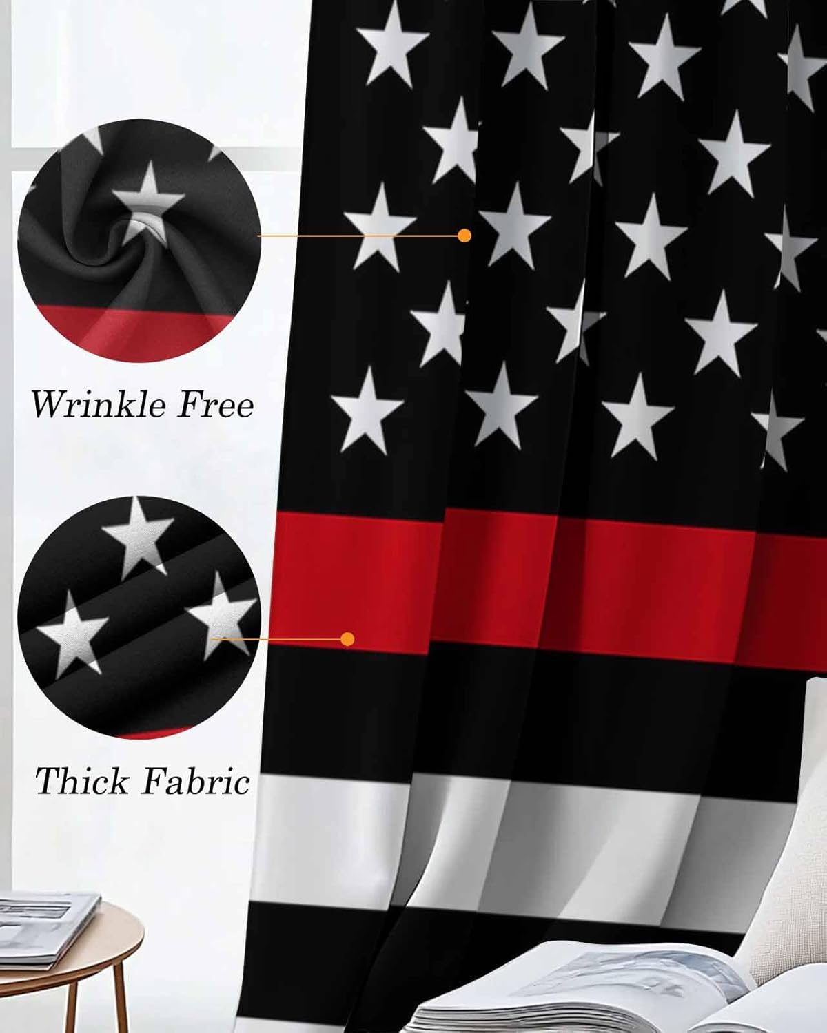 Red Line American Flag Curtains 42 x 45 inch for Living Room Bedroom, Blackout Room Darkening Firefighter Stripes Flags Door Window Curtain Thermal Insulated with Grommet Drapes, 2 Panels