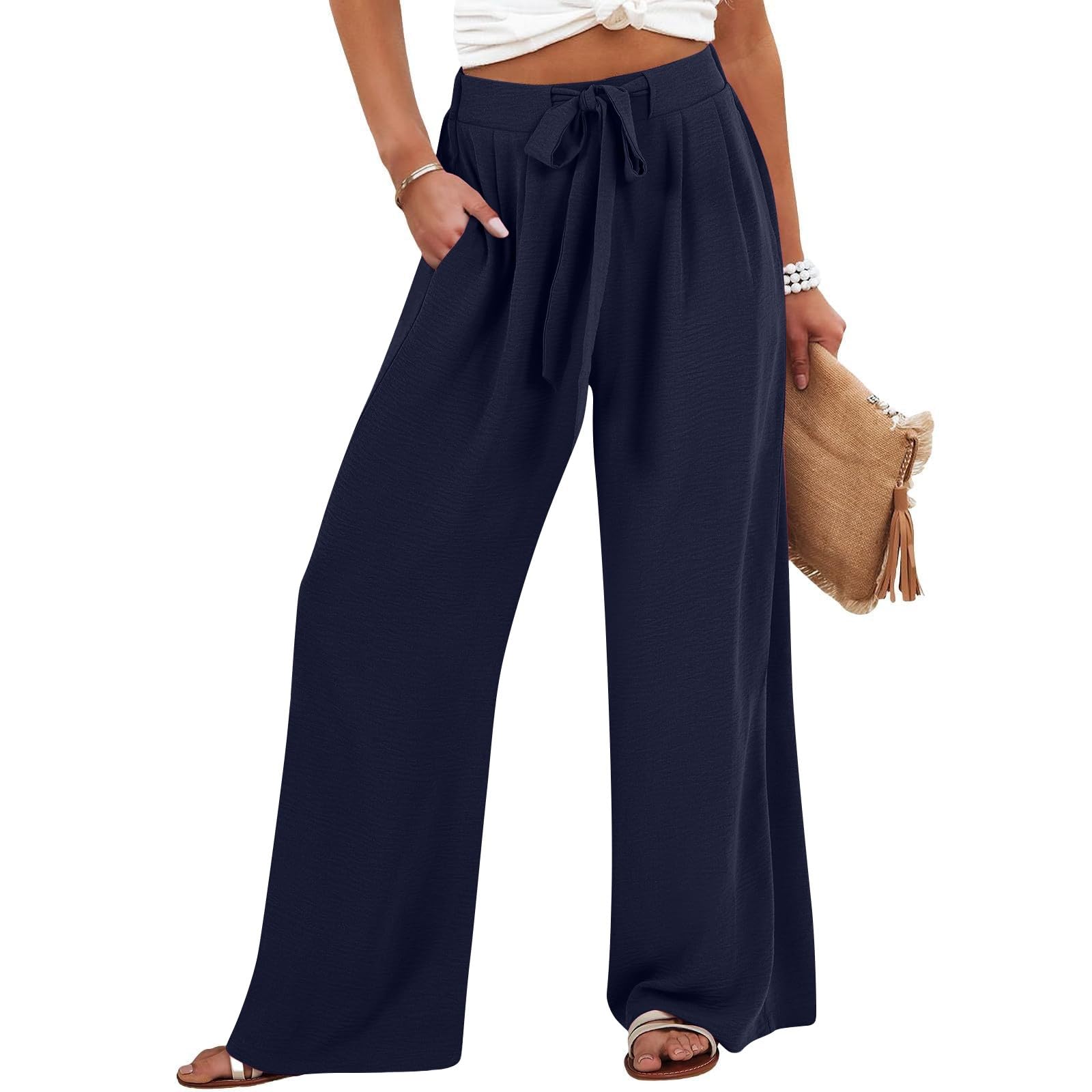Linen Pants Women 2025 Summer High Waisted Wide Leg Palazzo Pants Casual Loose Tie Belt Elastic Waist Flowy Beach Trousers