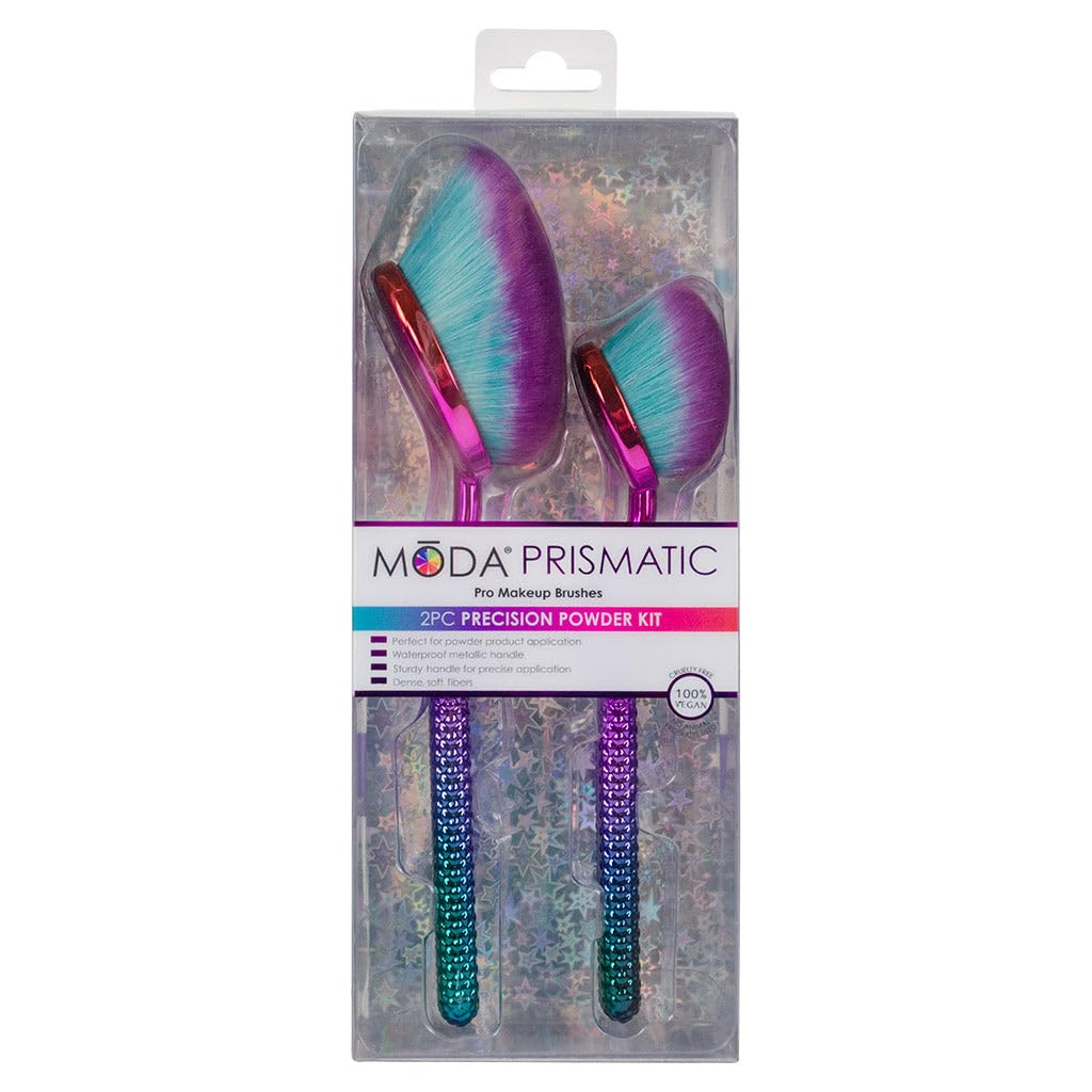 MODA Prismatic Precision Powder 2pc Makeup Brush Kit – 2pc Duo with Vegan Synthetic Filaments for Flawless Finish