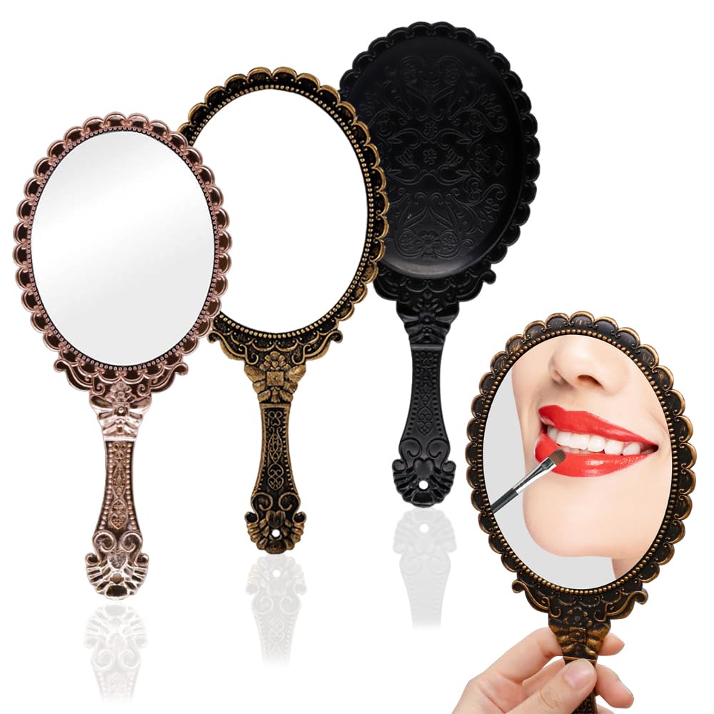 3 Pezzi Specchio a Mano, Specchio per Trucco Con Maniglia, Specchio Vintage Floreale in Rilievo, Mini Specchio Ovale su un Solo Lato per Ufficio Di Viaggio (Nero, Oro Rosa, Bronzo)