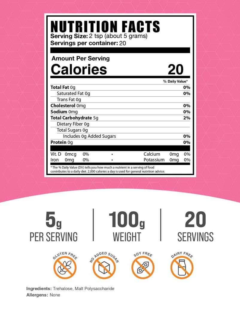 BulkSupplements.com Trehalose Powder - Natural Sweetener, Trehalose Sugar Substitute - Vegan & Gluten Free, 5g per Serving, 100g (3.5 oz) (Pack of 1) image 2