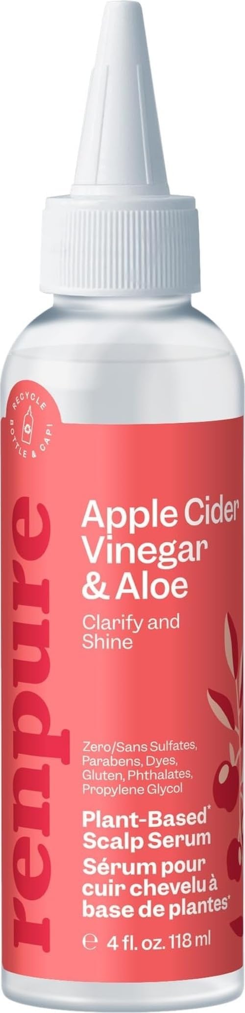 RENPURE Plant Based* Apple Cider Vinegar Scalp Serum for Dull Hair, 4oz | ACV rinse with Aloe detoxifies, loosens buildup and oil, soothes, leaving scalp feeling fresh and dull strands shiny daily