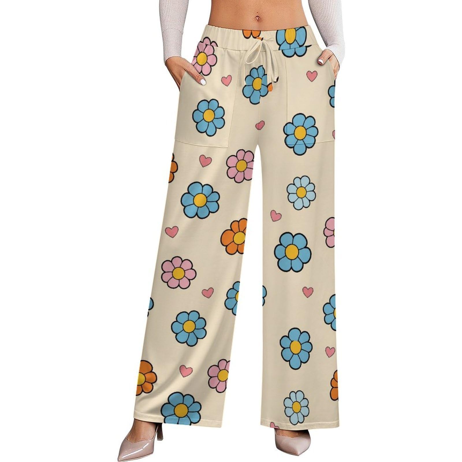Womens Pants Elastic High Waisted Pink Rose Flowers Palazzo Casual Wide Leg Dress Pants for Women