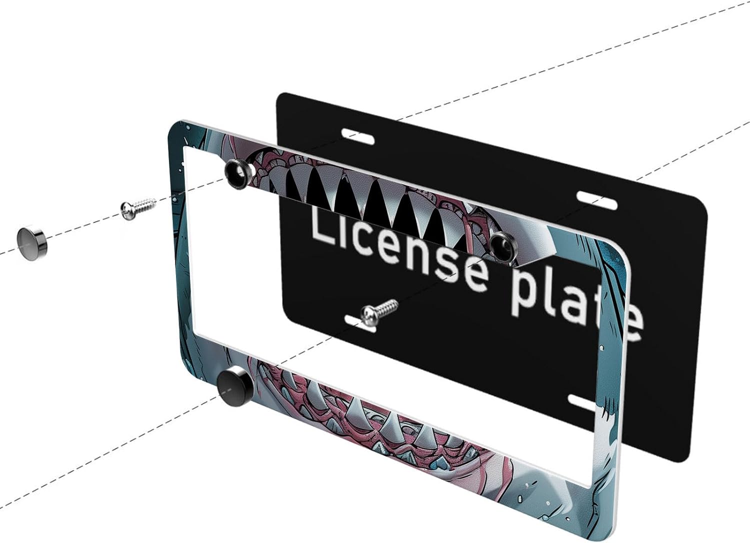 Shark Teeth License Plate Frame Funny Fantastic Brutal License Plate Personalise License Plate Frames Rust-Proof Stainless Steel Metal Car Plates Tag Funny Decor Men Women 12.2" X 6.2" - Image 6