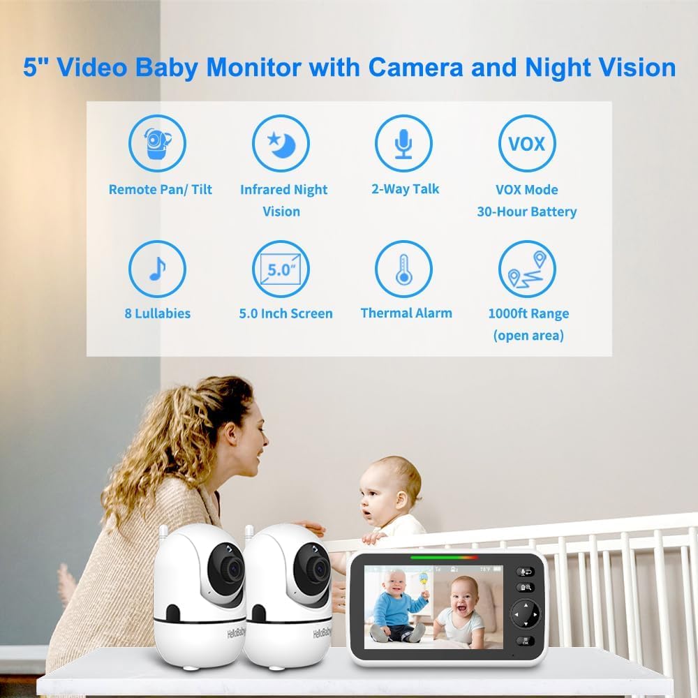 HelloBaby Babyphones Caméra 2 Caméra Bébé Moniteur, 5'' 26 Heures Écran Divisé Partagé Baby Phone Vidéo Bébé Surveillance, sans WiFi, Angles de Vue à 355 degrés, Vision Nocturne, Berceuses, ECO, 305m