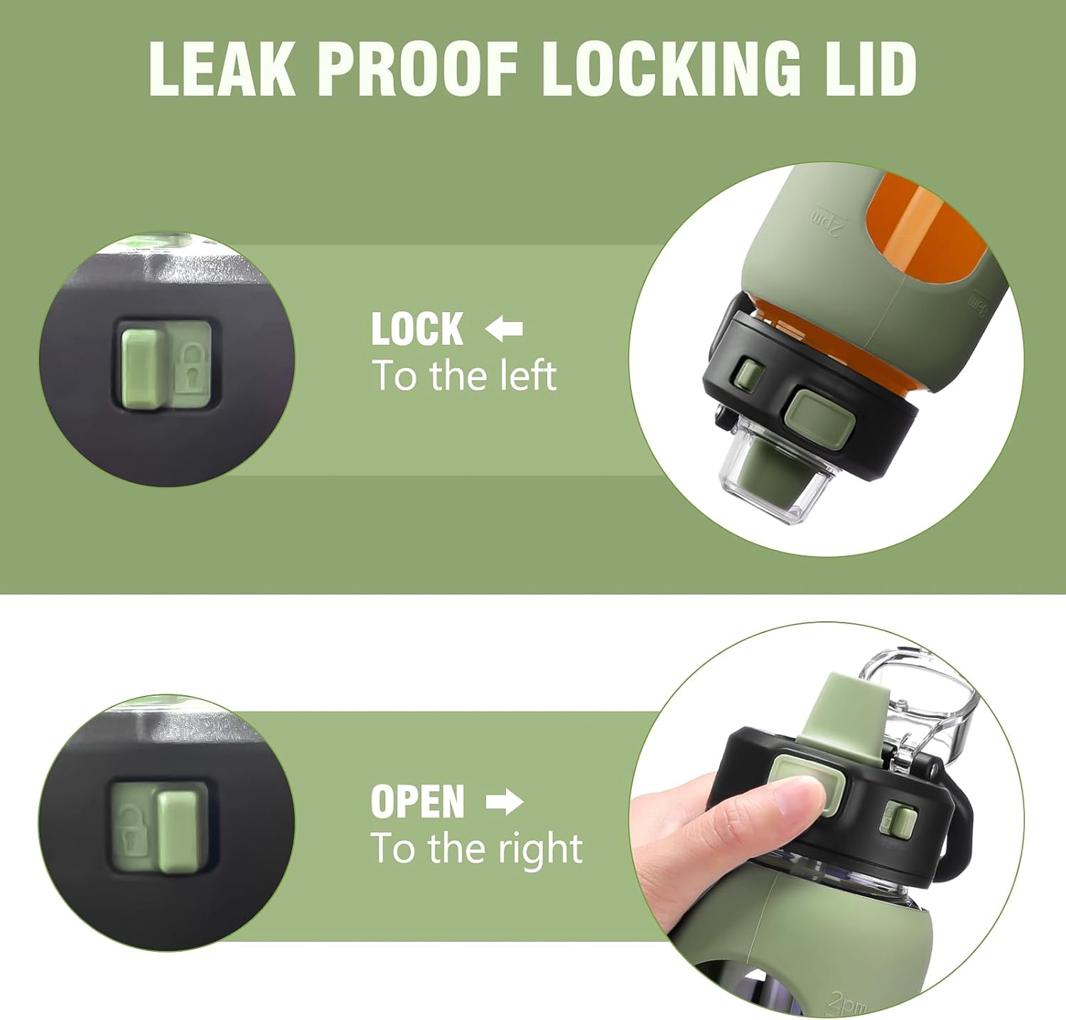 Kodrine 32 oz Glass Water Bottle with Straw and Carry Loop, One-Touch Leakproof Locking Lid, Reusable Drinking Bottle with Time Marker for Travel Home Gym Sports (Olive) - Image 2