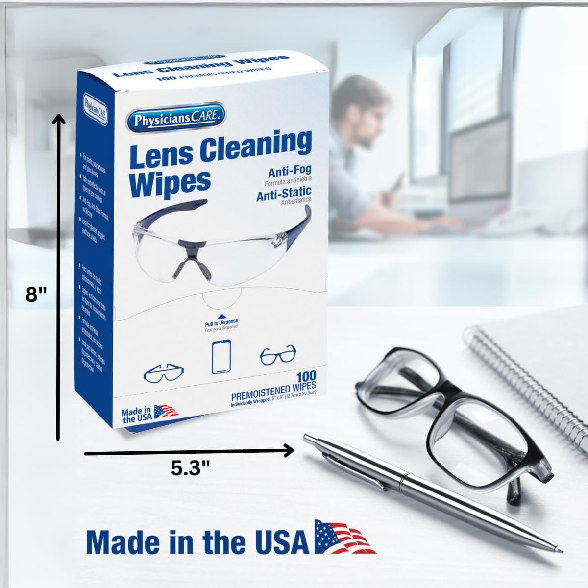 PhysiciansCare Pre-moistened Lens Wipes for Eyeglasses, Safety Glasses, Goggles & Camera Lenses, 2 Pack (100 Count)