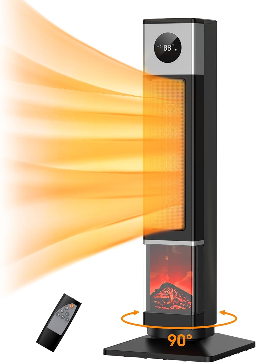 Garvee 33" Space Heater for Large Room, Tower Heater for Indoor Use, 1500W PTC Ceramic Heater with 3D Flame Effect, Heat Up 200 Square Feet, 90°Oscillating With Remote, for Living Room,Bedroom,Office