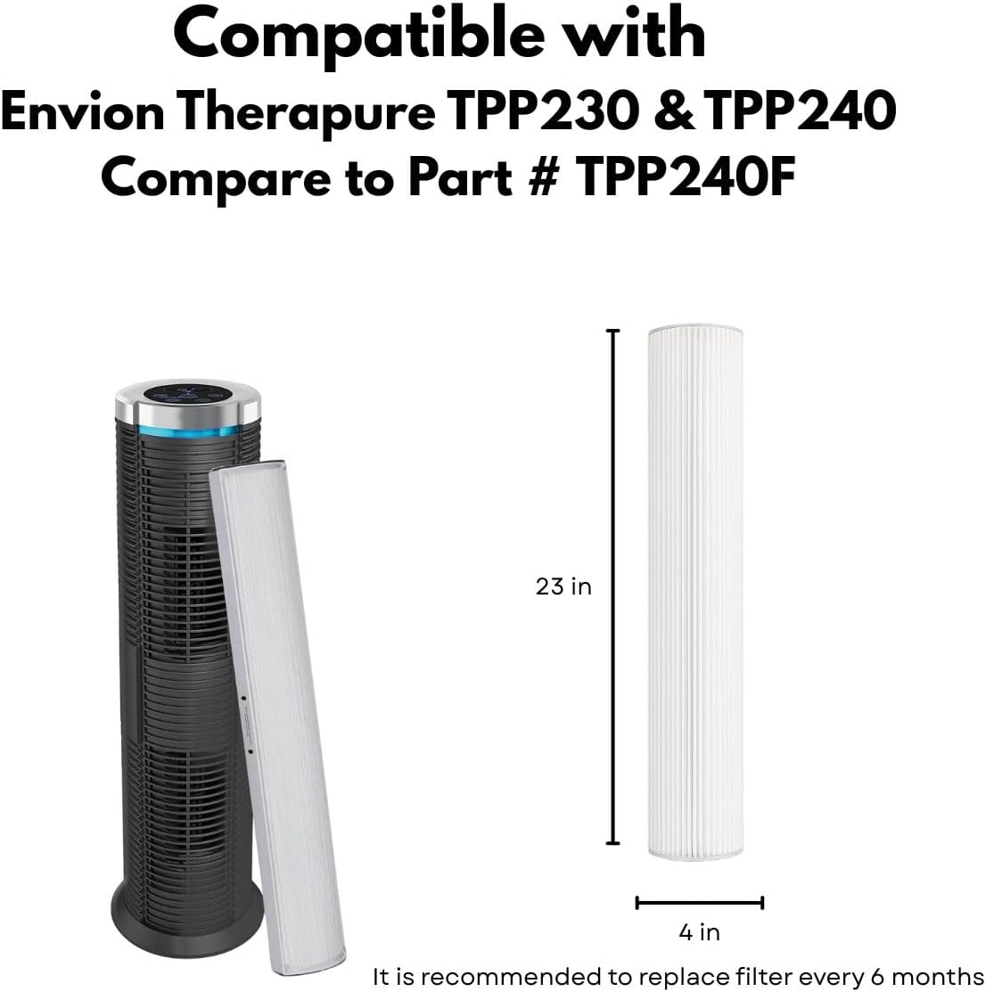 Nispira filter compatibility with Envion Therapure TPP230 and TPP240, showing dimensions