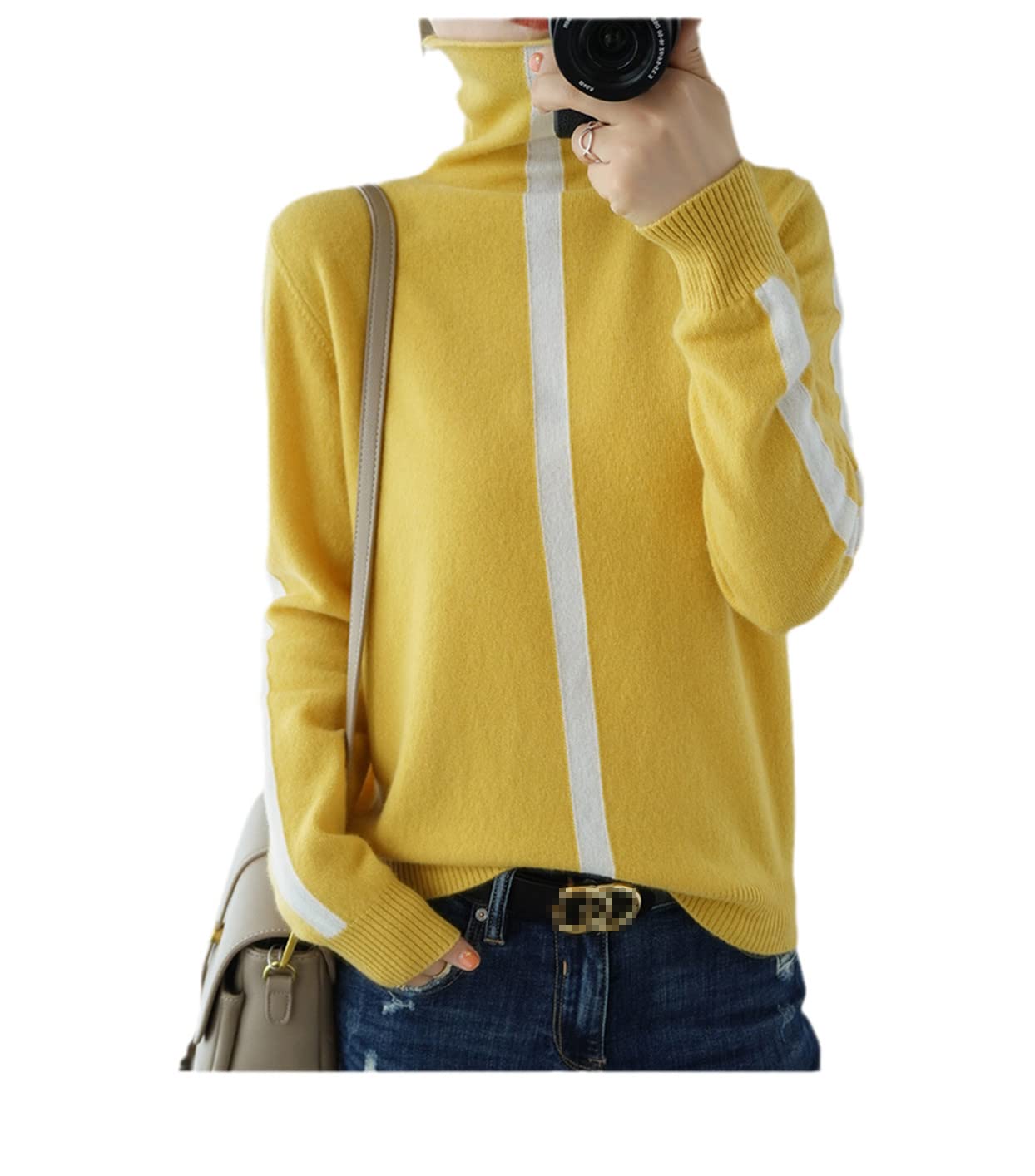 Autumn and Winter Women's High Neck Solid Loose Cashmere Wool Sweater Pullover Stitching Contrast Sweater Yellow