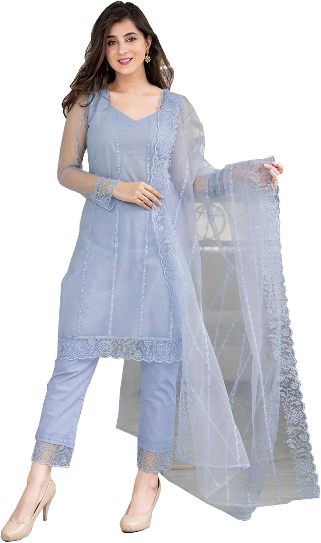 Bollyclues Women's Net Embroidered Readymade Salwar Suit Set