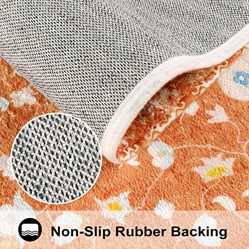 Uphome Long Boho Rug Orange Vintage Floral Bathroom Runner Rug Non-Slip Machine Washable Bath Mat Soft Velvet Oriental Persian Traditional Aesthetic Accent Rug For Sink Shower Doormat Tub, 20X59 Inch #TOP2