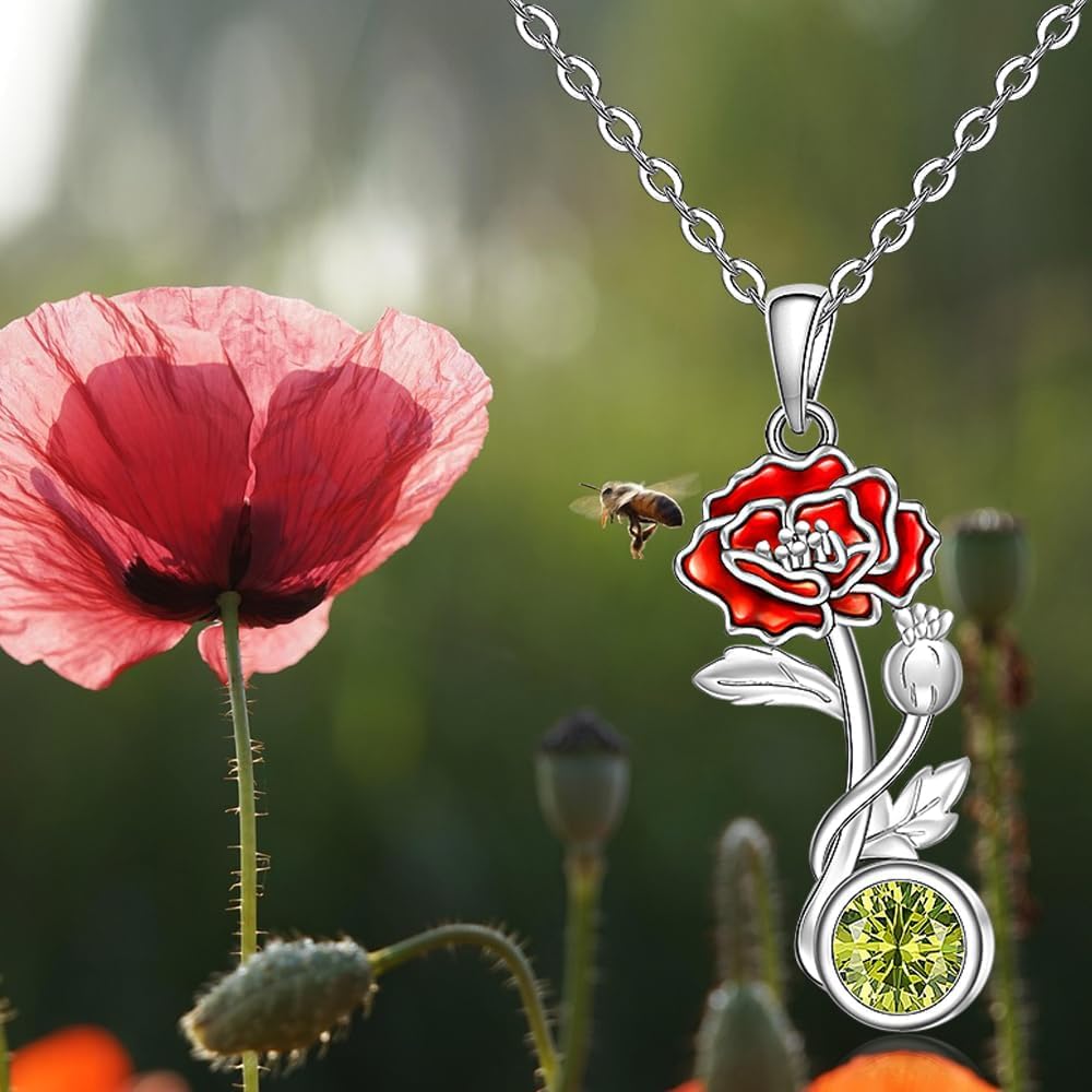 Fenthring Birth Flower Necklace August Birthstone Poppy Necklace for Women Sterling Silver Birth Month Flower Poppy Pendant Jewelry Charm Christmas Birthday Gifts - Image 9