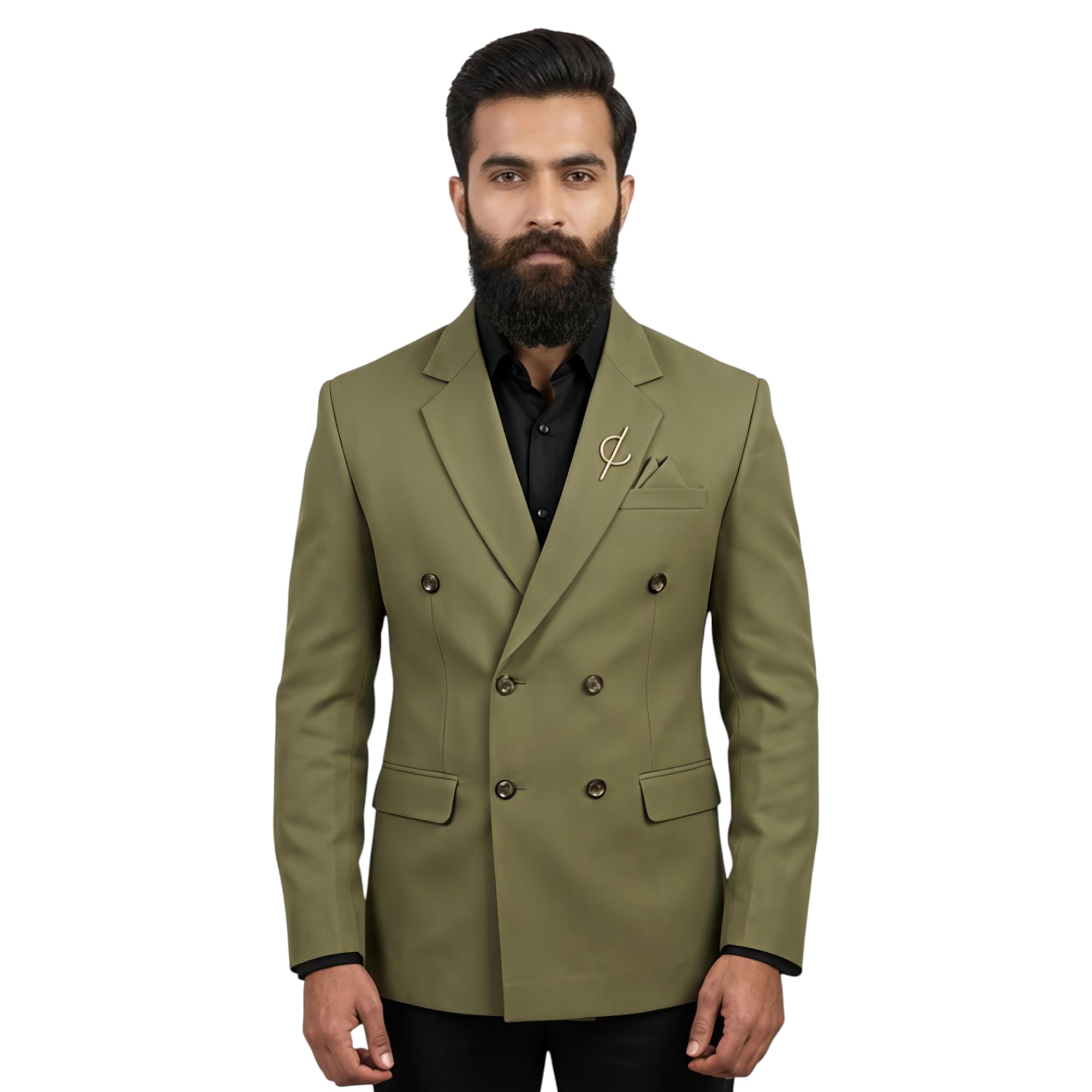Men's Slim Fit Double-Breasted Blazer, Olive Green, Polyester Blend, Notch Lapel, Formal Style-picture-55