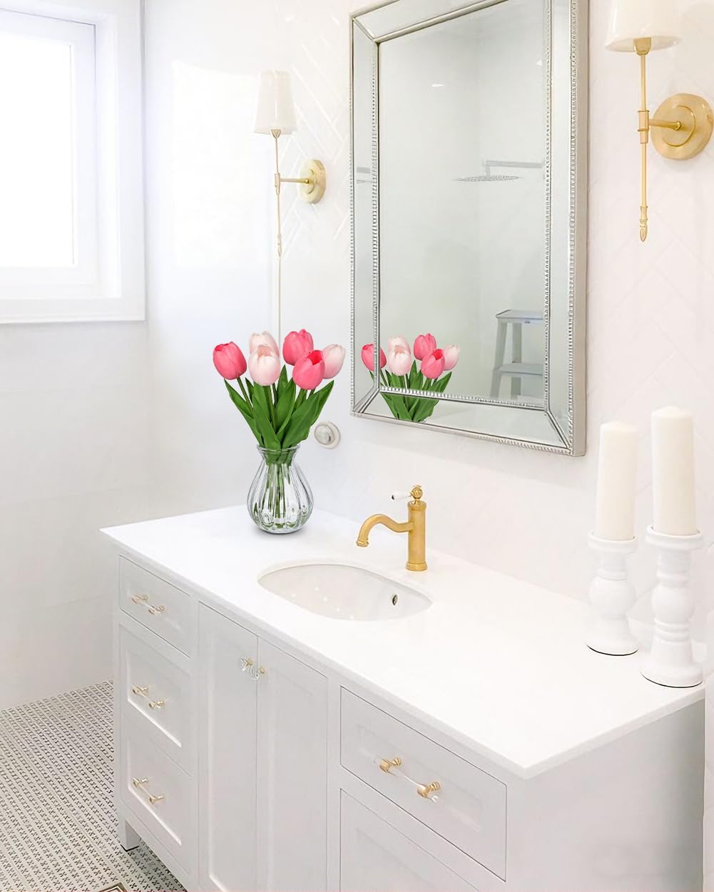 Artificial Tulips Flowers Floral Arrangement - 6 Pcs Faux Flowers in Clear Glass Vase with Faux Water 12.5" Pink & White Ombre Fake Tulip Bouquet Centerpiece for Dining Table Home Wedding Office Decor