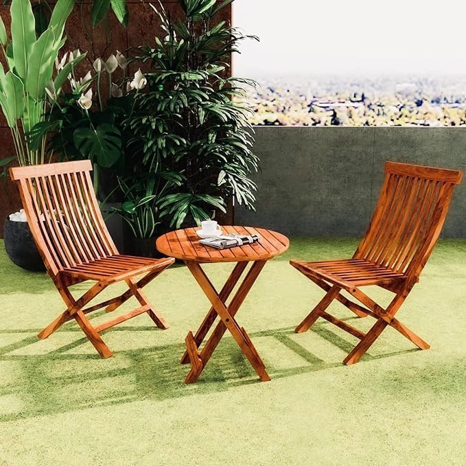 WOODEN GARDEN Sheesham Wood Round Coffee Tea Table Set with 2 Folding Chairs for Patio,Balcony,Garden and Outdoor - Rich Walnut Finish-image-28