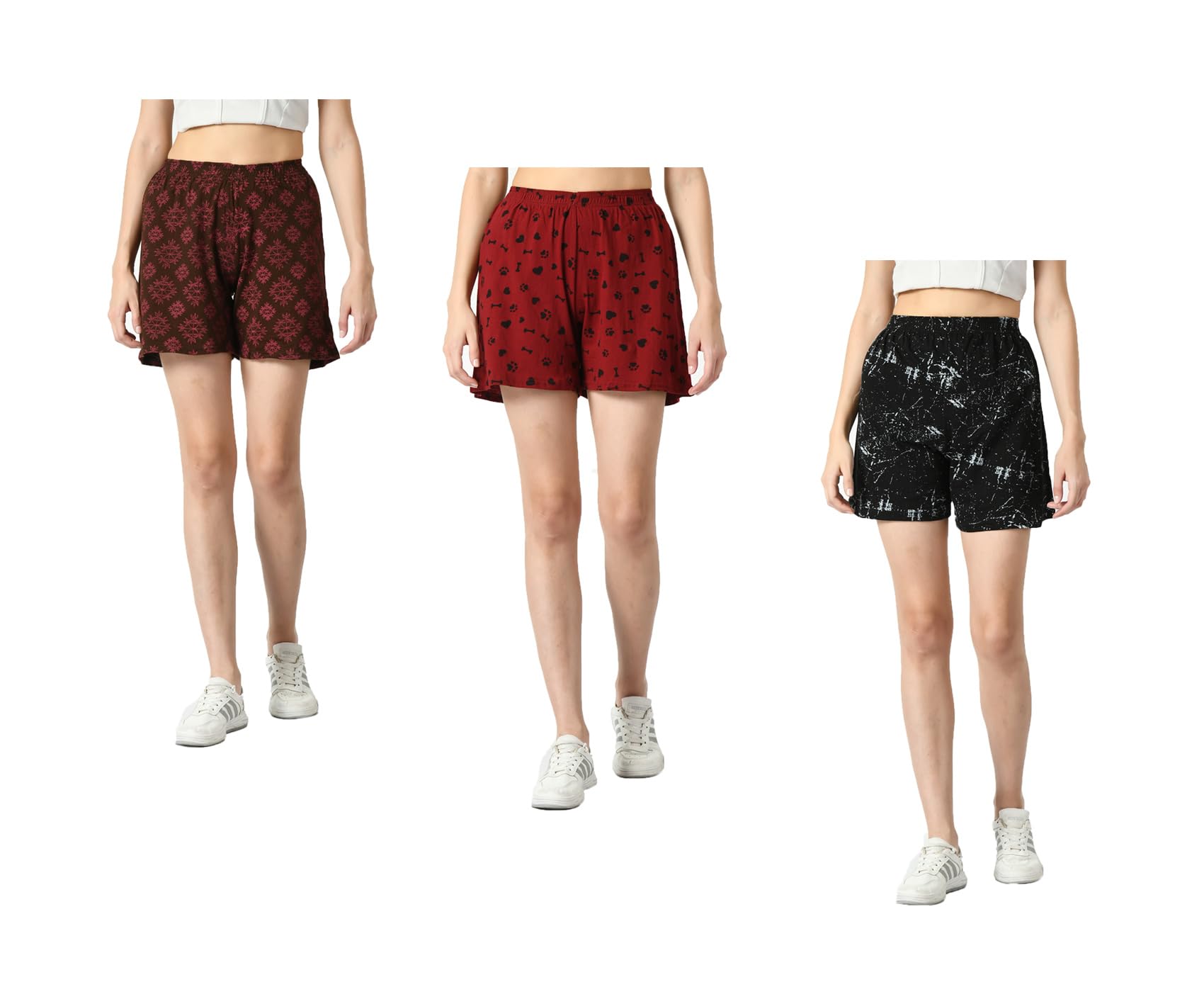 kayu Pack of 3 Women’s Cotton Printed Shorts Comfortable Elastic Waist Casual Lounge Summer Shorts for Women Brown, Maroon, Black-picture-1